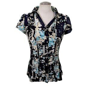 Dressbarn Y2K Women S Blouse Top Blue Ruched Front Button Up Shirt Cap Sleeve